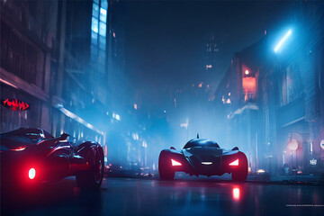 Bat style futuristic cars with Volumetric lighting, epic composition neon city appocalypse.