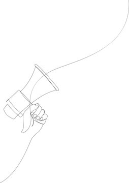 One line drawing of horn speaker hold by hand sign and symbol for announcement and employee hiring. Vector illustration.
