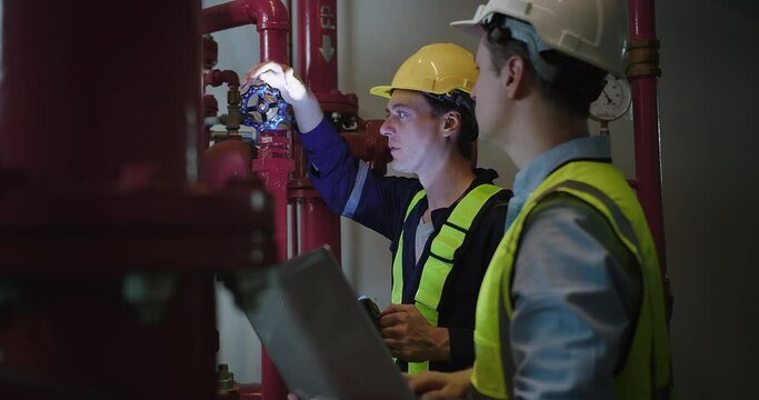 Professional engineer worker man in safety uniform holding flashlight checking maintenance the industry pipeline pump system construction under the building factory	
