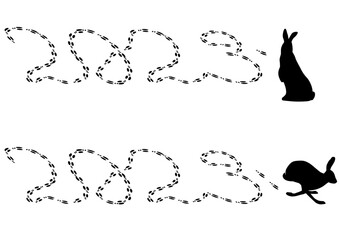 Set of vector illustration of rabbit's  tracks like 2023 in black and white colours