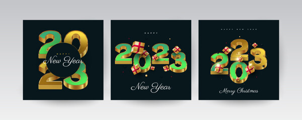 Happy New Year 2023 Poster Set. New Year Design Template with 3D Numbers and Gift Box for Decoration, Branding, Banner, Poster, Cover and Card