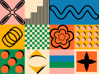 Retro futuristic elements for design. Collection of abstract graphic geometric symbols, shapes and objects in y2k style / Brutalism bold style. Abstract geometric elements bauhaus swiss style. 
