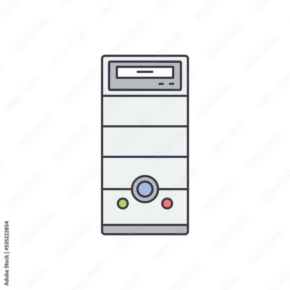 Poster computer case, computer tower icon in color, isolated on white background