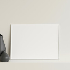 Minimalist front view horizontal white photo or poster frame mockup leaning against wall on table with vase. 3d rendering.