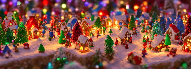 Fototapeta na wymiar Abstract gingerbread fairy town village with bokeh and christmas lights as advent decoration. Banner size. 3d