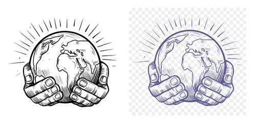 Save the Earth.Hands holding planet. vector sketch illustration