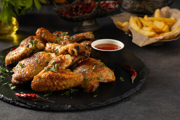 Mix of baked chicken pieces.