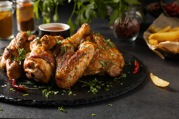 Mix of baked chicken pieces.