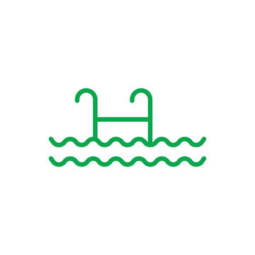 Eps10 Green Vector Swimming Pool With Ladder Line Icon Isolated On White Background. Stairs To Pool Outline Symbol In A Simple Flat Trendy Modern Style For Your Website Design, Logo, And Mobile App