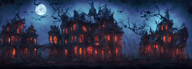 Fototapeta na wymiar Haunted House. Creepy Atmosphere for Halloween. Fog, Moon light. Illuminated windows. Banner header size