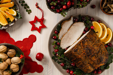 Whole baked ham. Christmas decoration.
