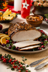Whole baked ham. Christmas decoration.