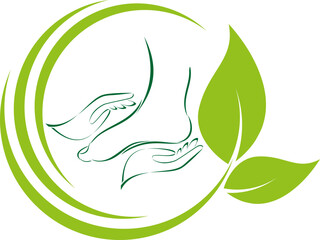 Zwei Hände und Fuß, Blätter, Fußpflege, Podologie, Fußmassage Logo - obrazy, fototapety, plakaty