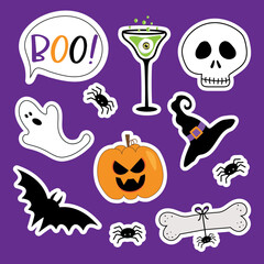 Halloween sticker set - boo speeach bubble, bat, spider, ghost, skull, potion, and pumpkin, illustration graphics vector.