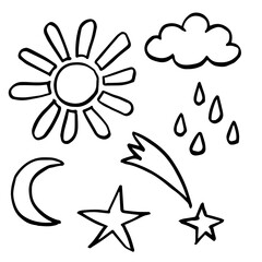 Fototapeta na wymiar Doodle weather set icons, sun and clouds with rain, moon with stars