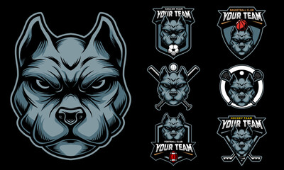 Pitbull Head Mascot Logo with logo set for team football, basketball, lacrosse, baseball, hockey , soccer .suitable for the sports team mascot logo .vector illustration.