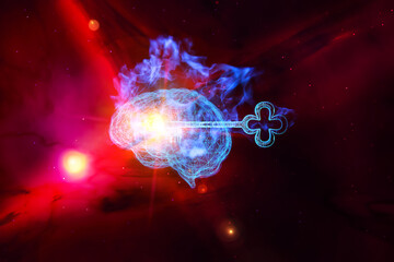 3D Rendering of a Key Penetrate inside a Wire Brain with Blue Fire Flame