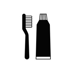 brush and toothpaste icon in black flat glyph, filled style isolated on white background