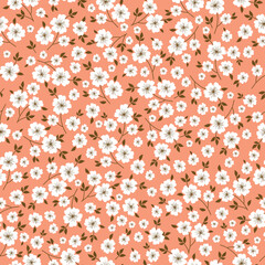 Vintage floral background with small white flowers, gold leaves. orange background. Seamless pattern for design and fashion prints.Stock vector illustration.