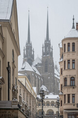 Cathedral of Saints Peter and Paul with snow in winter in Brno.