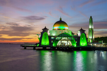 Fototapeta na wymiar Malacca, Malaka, Malaysia, July 10, 2022 - Floating mosque at twilight.