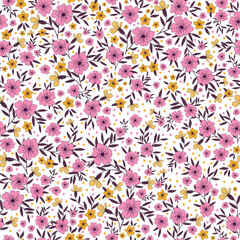 Vintage floral background with yellow and pink flowers and dots,burgundy leaves. white background. Seamless pattern for design and fashion prints.Stock vector illustration.