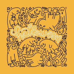 Funny halloween doodle ghosts set isolated on yellow background. Collection of white sheet spooks. Composition for seasonal design, textile or greeting card. Hand drawn linear vector illustration.