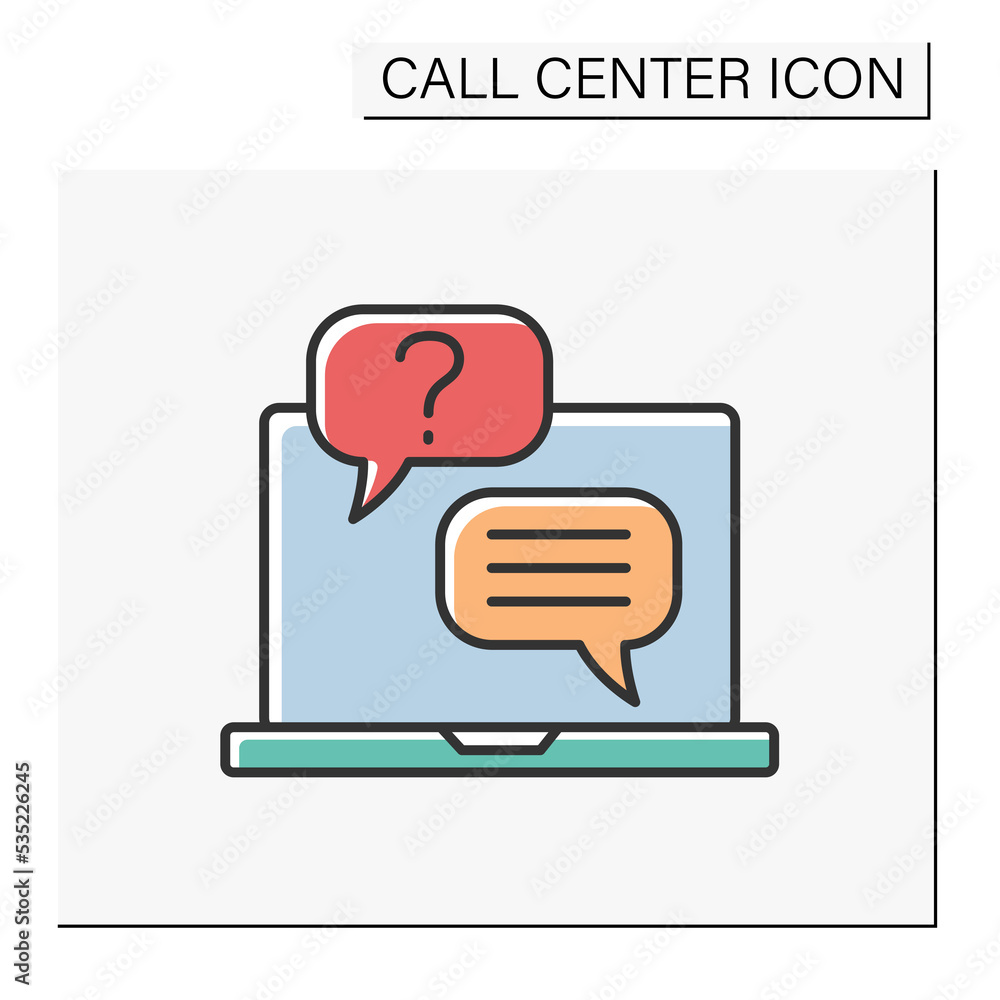 Poster dialogue color icon. client support consultation. communication by messages on laptop. problem solvi
