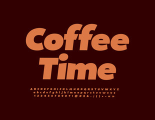 Vector advertising emblem Coffee Time. Modern brown Font. Artistic Alphabet Letters, Numbers and Symbols set.