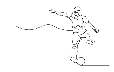 continuous line drawing of soccer footbal player shooting ball