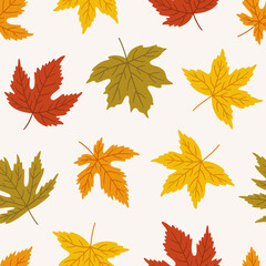 Fototapeta na wymiar Autumn seamless pattern with different maple leaves. Vector illustration on white background. Fall ornament. Foliage print for fabric, package, wrapping, wall art. Red, orange, yellow, green colors.