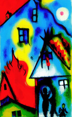Obraz premium Digital painting burning house - cubism, surrealism and expressionism mixed style. Creative art poster, canvas. Print design cards, souvenirs, commercial. Graphic drawing with oil and pastel imitation