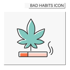 Fototapeta na wymiar Drug color icon. Marijuana smoking. Smoke weed in cigarettes.Narcotic.Bad habits concept. Isolated vector illustration