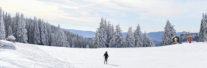 Panoramic view ski slope and unrecognizable female skier at winter mountain resort Pamporovo, Rhodope Mountains, Bulgaria. Active winter holiday, Christmas vacation outdoor. Wide banner, copy space