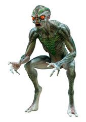 3D Rendering Green Alien on White