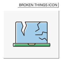 Device color icon. Destroyed electronic device. Smashed laptop. Broken screen. Vandalism, chaos. Broken things concept. Isolated vector illustration. Editable stroke