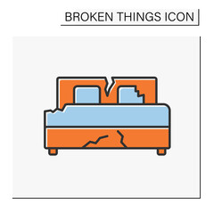 Bed color icon. Destroyed furniture in bedroom. Smashed bed. Vandalism, chaos. Broken things concept. Isolated vector illustration