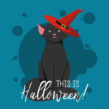 Happy Halloween. Black cat in whitch hat. Cute cartoon character. Baby pet animal collection. Flat design Orange background. Vector