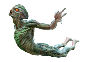 3D Rendering Green Alien on White