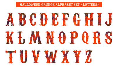 Halloween grunge alphabet set of letters, numbers, and symbols. © callmefay