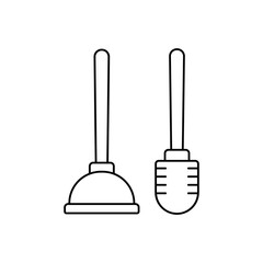 Brush and plunger toilet icon in line style icon, isolated on white background