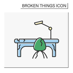 Furniture color icon. Smashed workplace. Destroyed desk, lamp and chair. Vandalism in office. Broken things concept. Isolated vector illustration