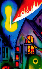 Obraz premium Digital painting burning house - cubism, surrealism and expressionism mixed style. Creative art poster, canvas. Print design cards, souvenirs, commercial. Graphic drawing with oil and pastel imitation