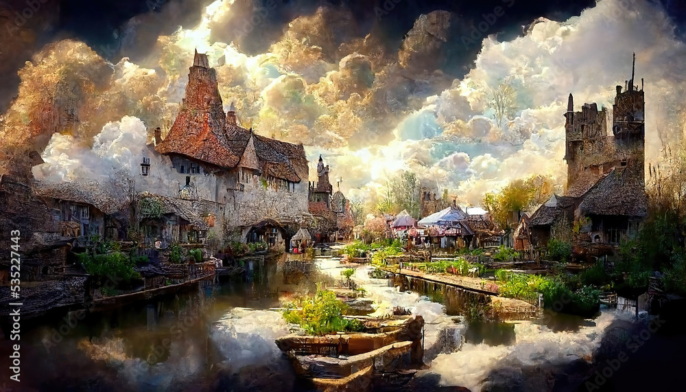 Wall mural AI generated image of a medieval village with a castle next to a river