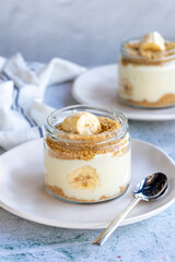 Banana magnolia dessert. Delicious magnolia dessert in glass bowl. close up