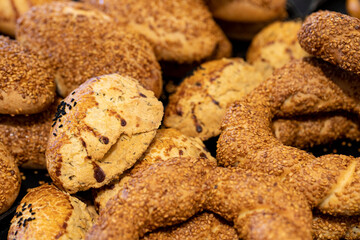 Traditional Turkish pastry concept, pogaca, bagel, simit. close up