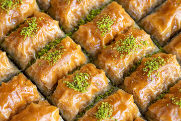Baklava with pistachio in a tray. Aegean cuisine delicacies. close up