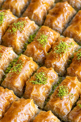 Baklava with pistachio in a tray. Aegean cuisine delicacies. close up