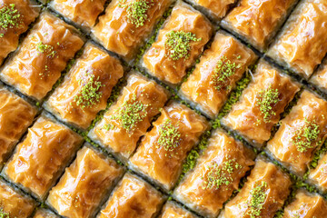 Baklava with pistachio in a tray. Aegean cuisine delicacies. Top view