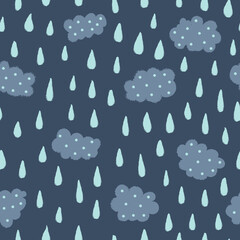 Vector clouds rainy weather navy seamless pattern